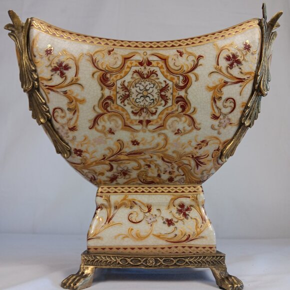 Victorian Style Multicolor Porcelain Planter with Bronze Ormolu footing - Picture 6 of 15